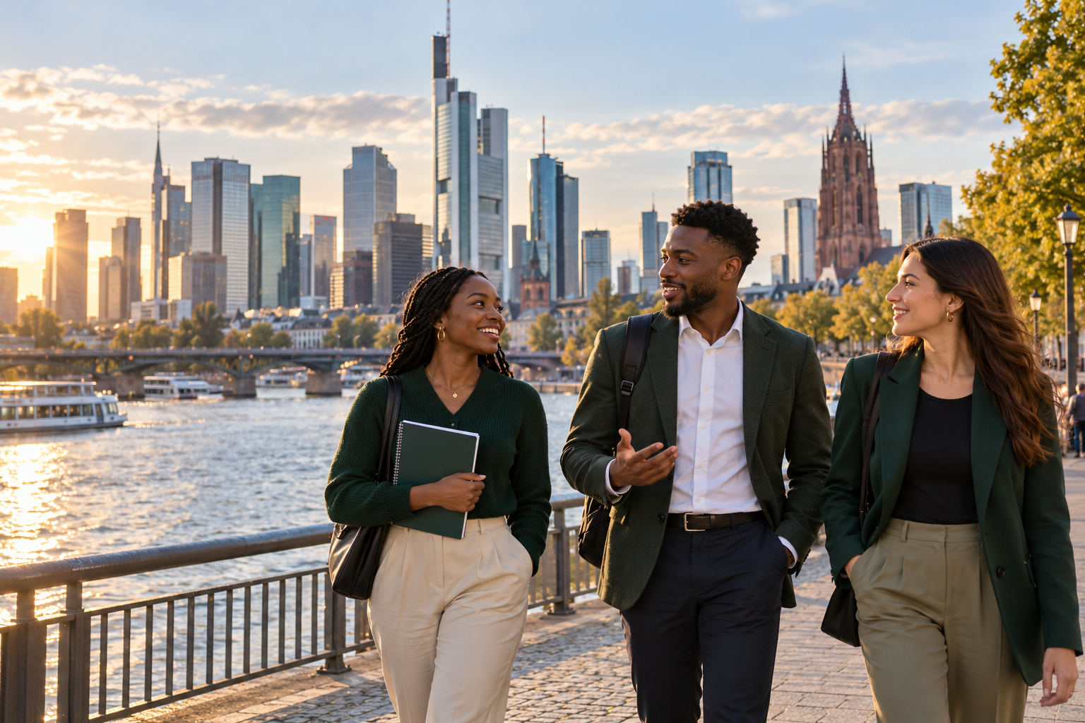 Young professionals discussing opportunities in Frankfurt
