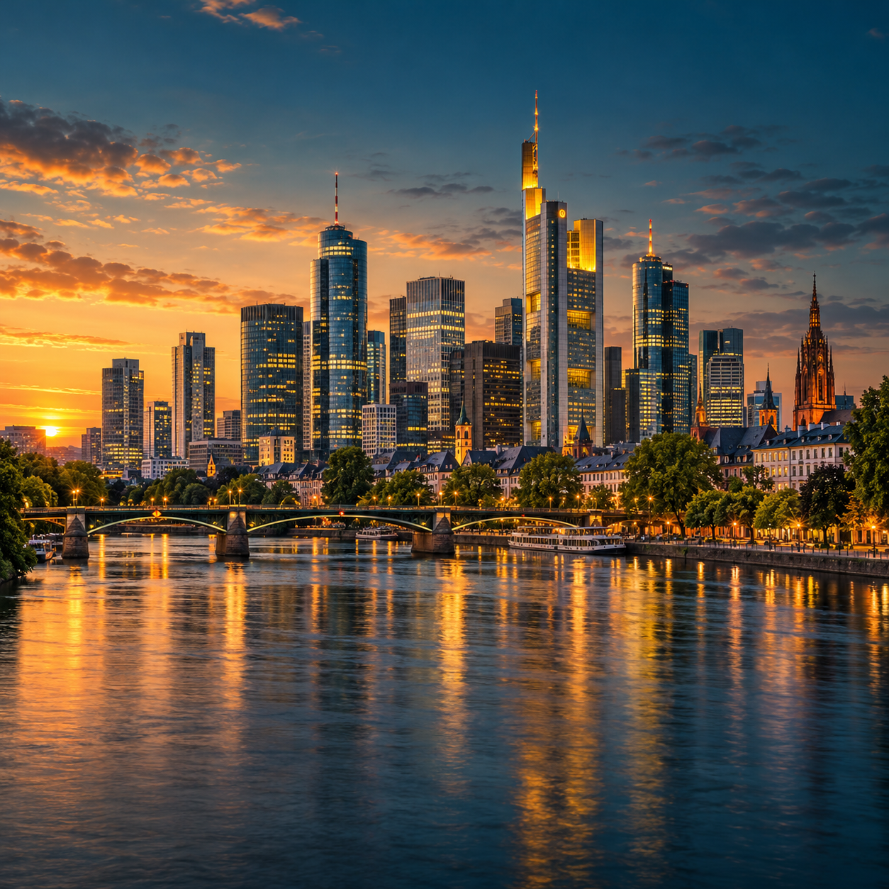 AI-generated Frankfurt skyline at sunset over the Main river