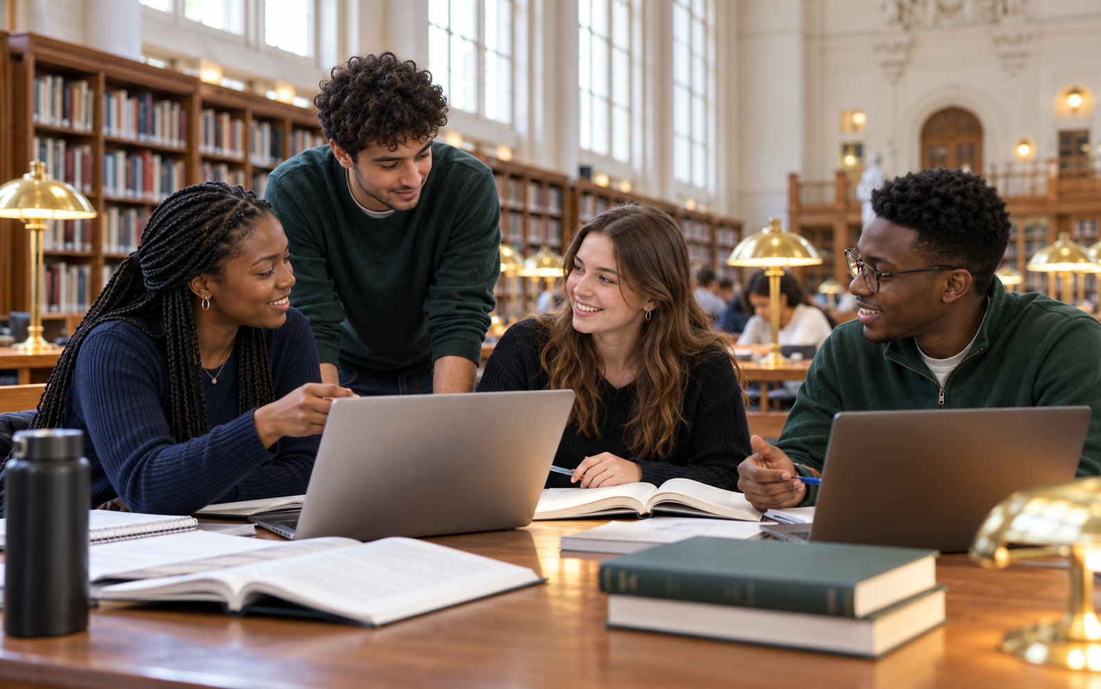 A group of students collaborating in a university library