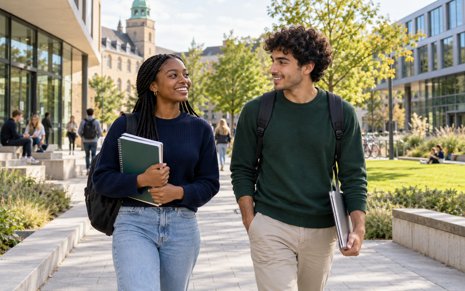 International students walking through a university campus