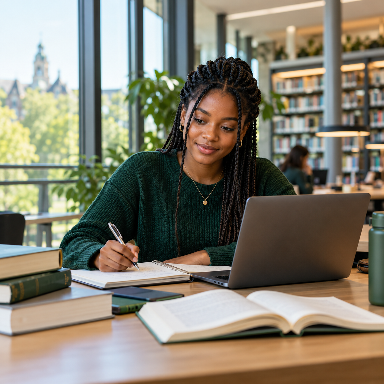 A student planning her studies with books and a laptop
